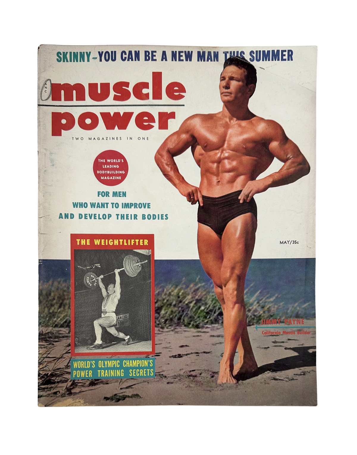 Cover of Muscle Power Magazine May 1955 featuring Jimmy Payne, a muscular man on the beach, promoting bodybuilding and fitness.
