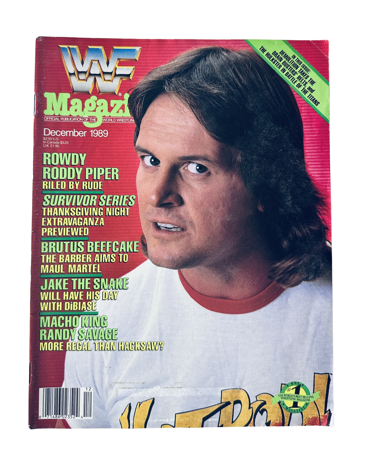 WWF Magazine December 1989 featuring Rowdy Roddy Piper on the cover, showcasing his fierce expression and promoting the Survivor Series event.