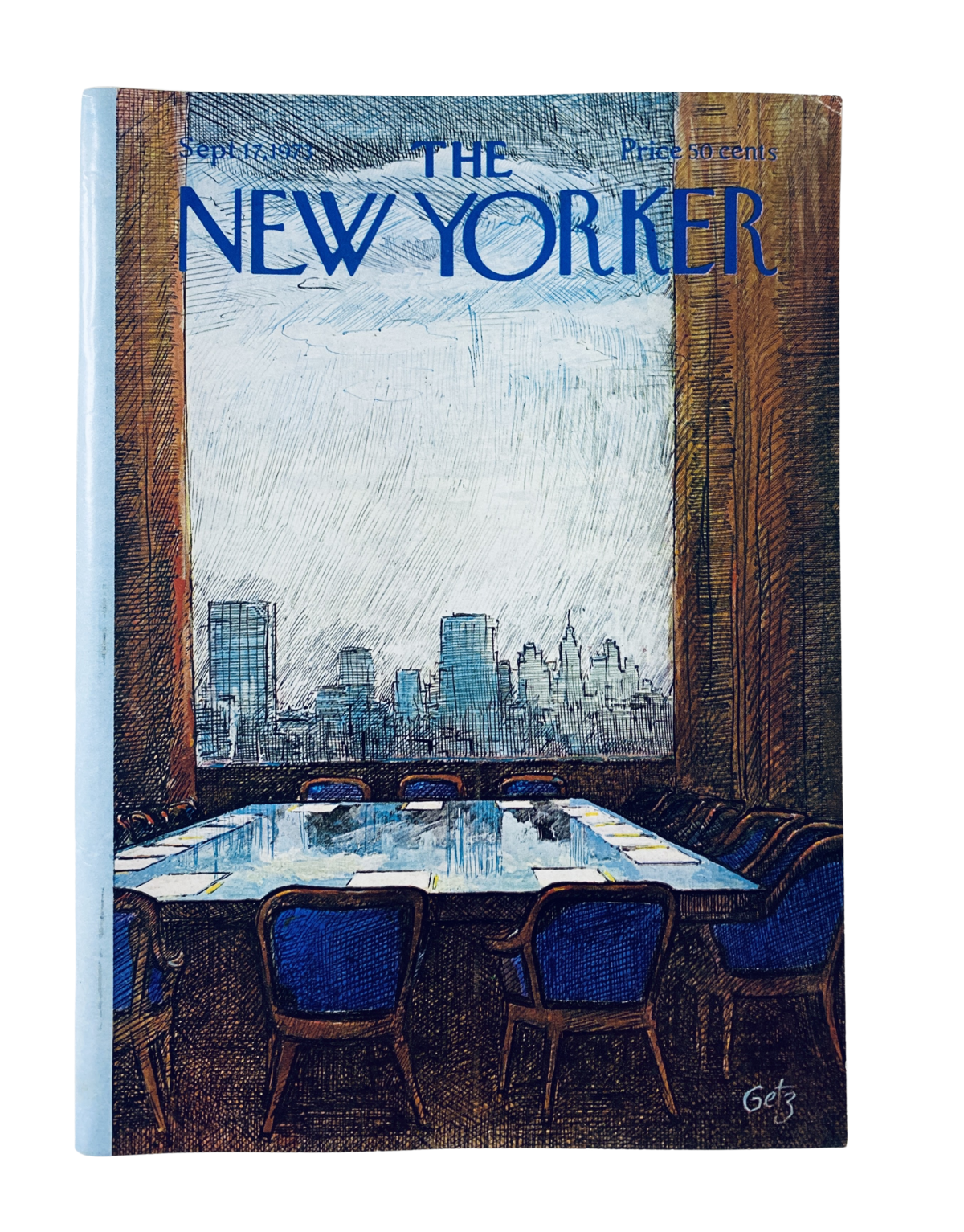 The New Yorker Magazine September 17, 1973 featuring a boardroom view of a city skyline, illustrated by A. Getz, priced at 50 cents.