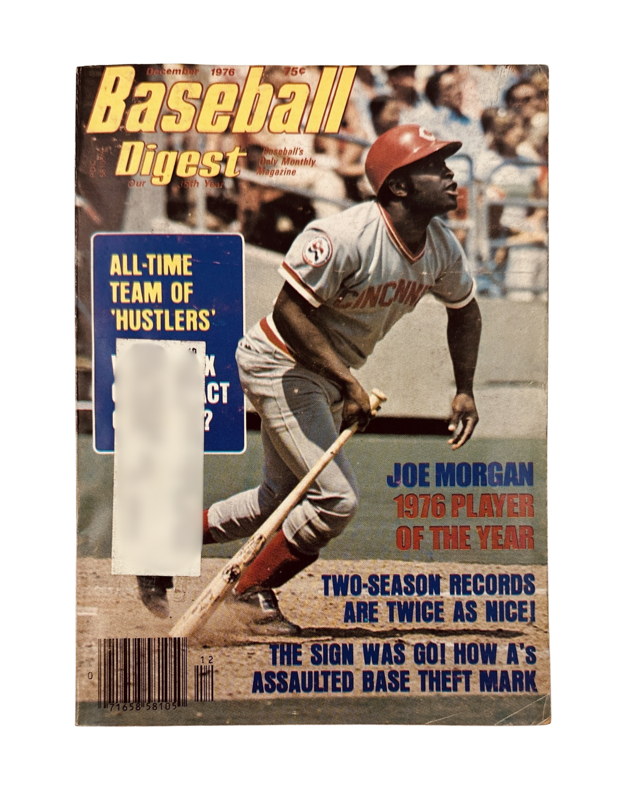 Baseball Digest Magazine December 1976 cover featuring Joe Morgan, 1976 Player of the Year, highlighting baseball's all-time team of 'Hustlers' and two-season records.