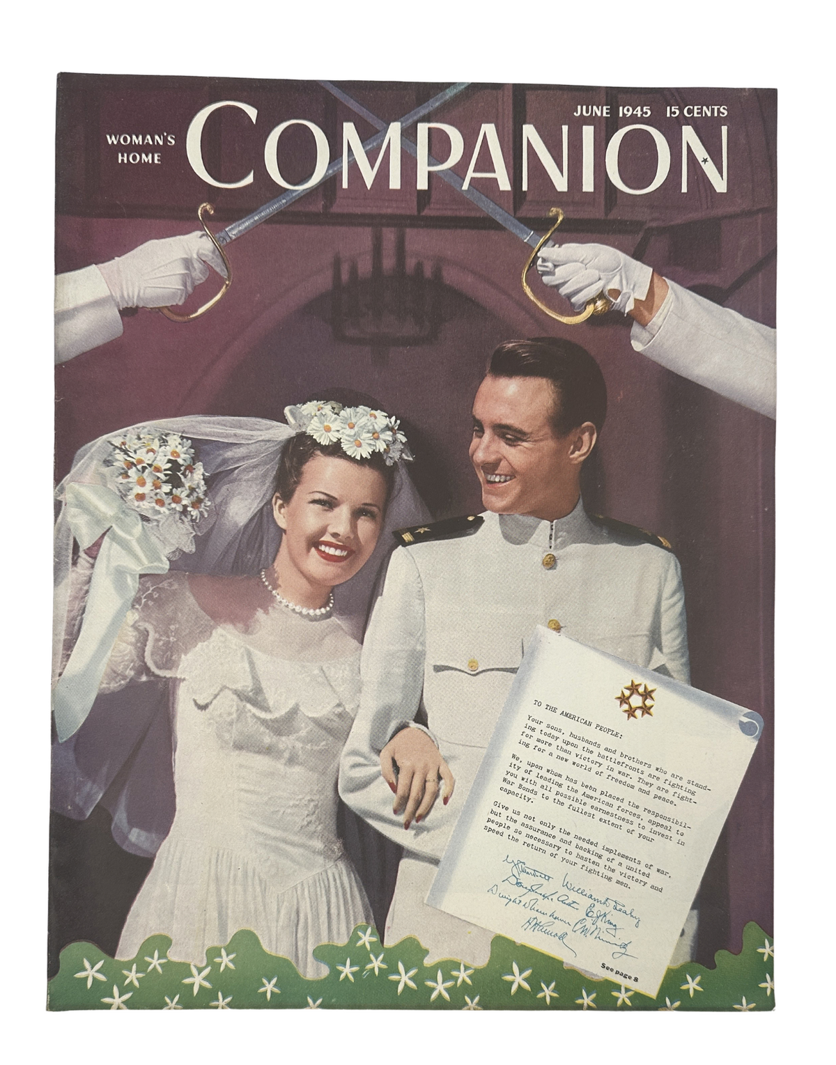 Woman’s Home Companion Magazine June 1945 featuring a wedding cover, showcasing a bride and groom with wedding attire and swords crossed. The magazine is in very good condition, ideal for collectors and vintage magazine enthusiasts.