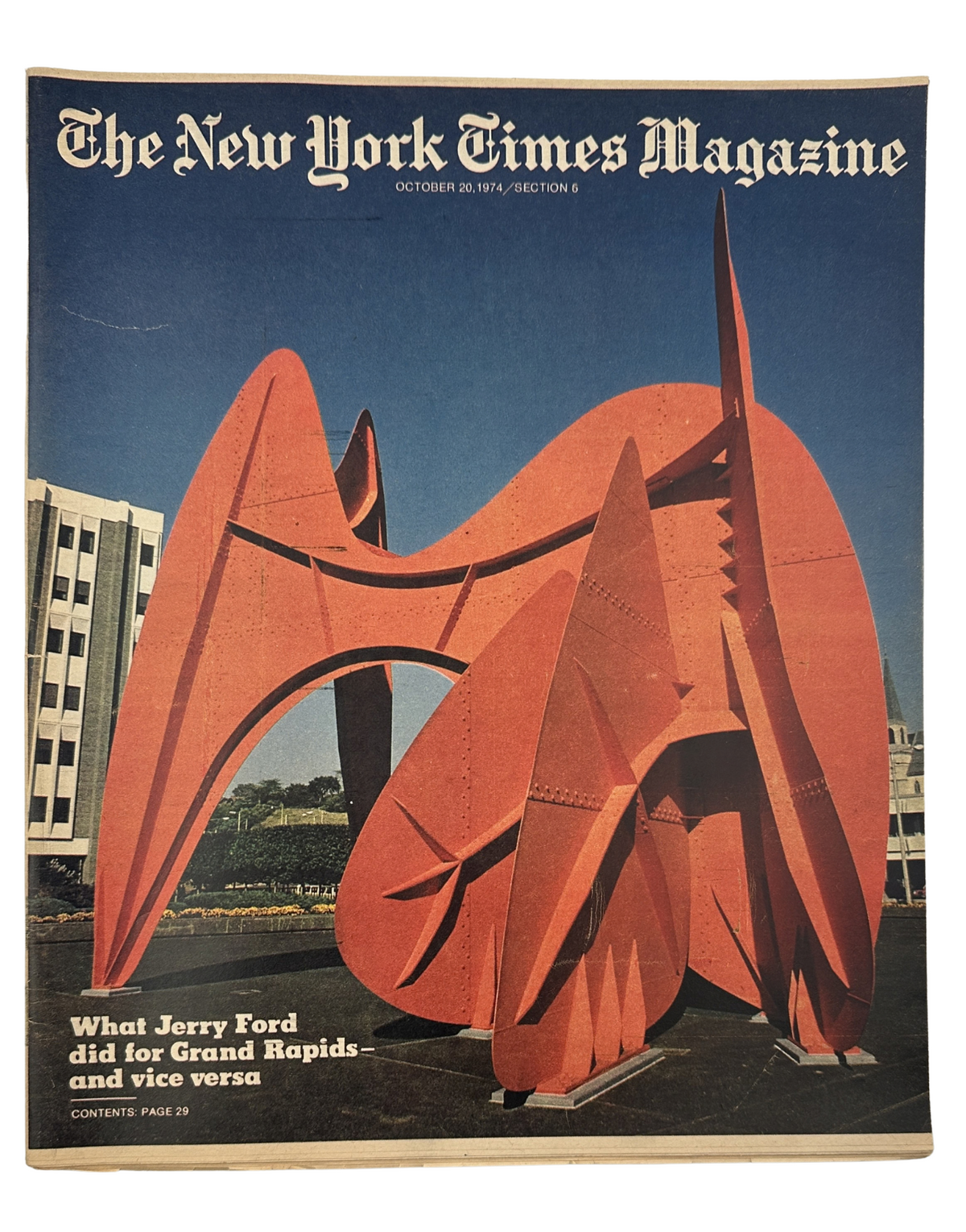 The New York Times Magazine October 20, 1974 cover featuring the vibrant Alexander Calder stabile in Grand Rapids, showcasing the impact of Jerry Ford on the city.