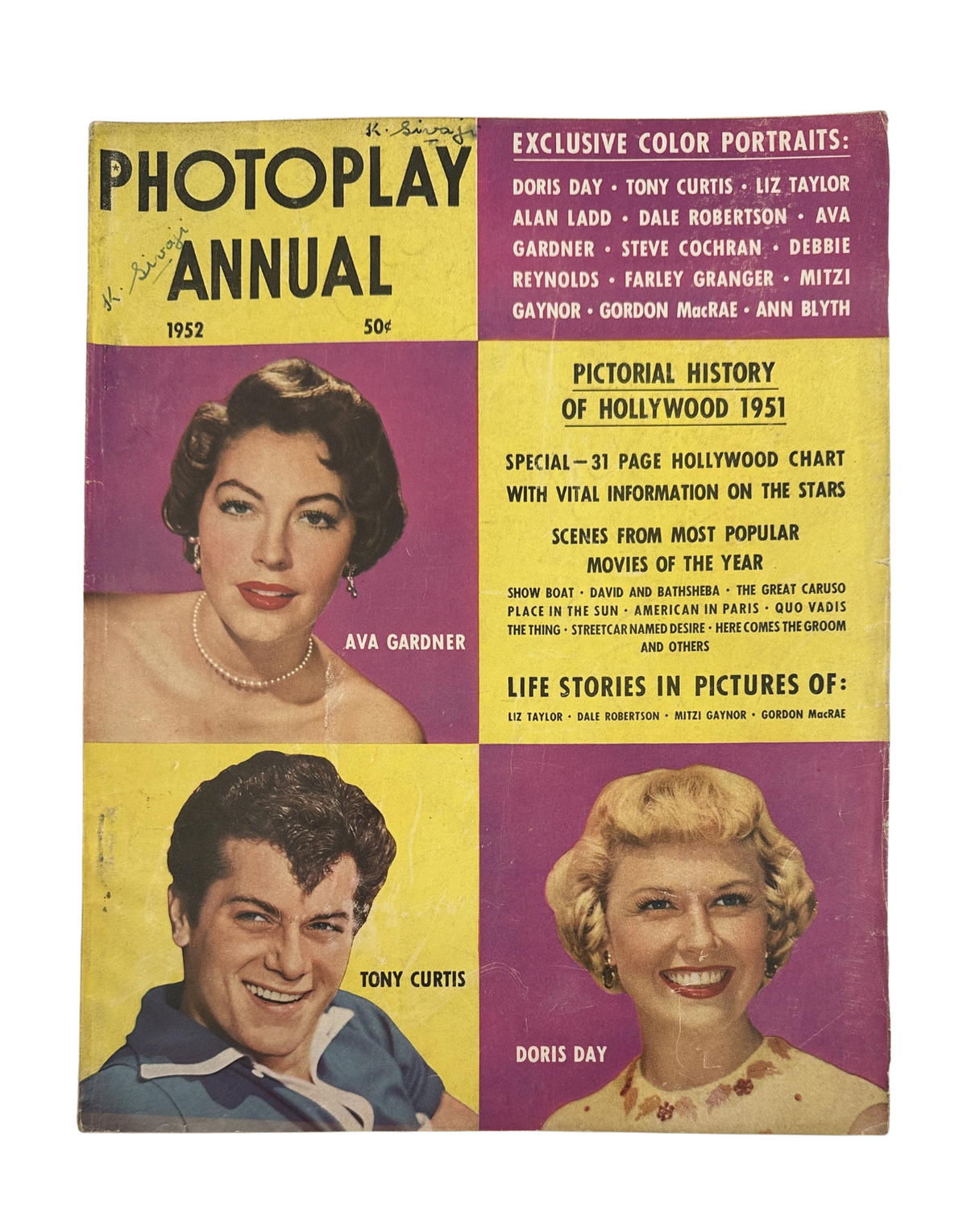 Cover of the Photoplay Annual Magazine 1952 featuring images of Ava Gardner, Tony Curtis, and Doris Day, showcasing exclusive color portraits and highlights from the Hollywood movie year.