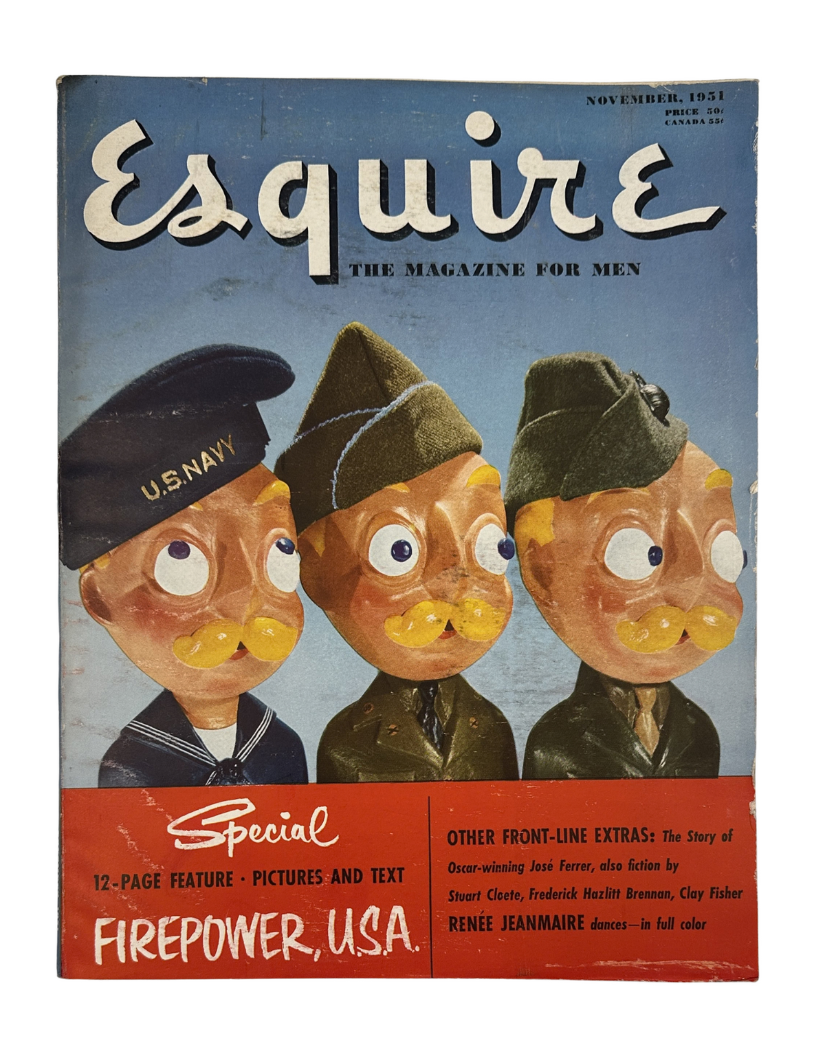 Esquire Magazine November 1951 featuring Ray Bradbury and José Ferrer on the cover, showcasing Firepower USA with caricature illustrations of U.S. Navy soldiers, highlighting stories and articles within.