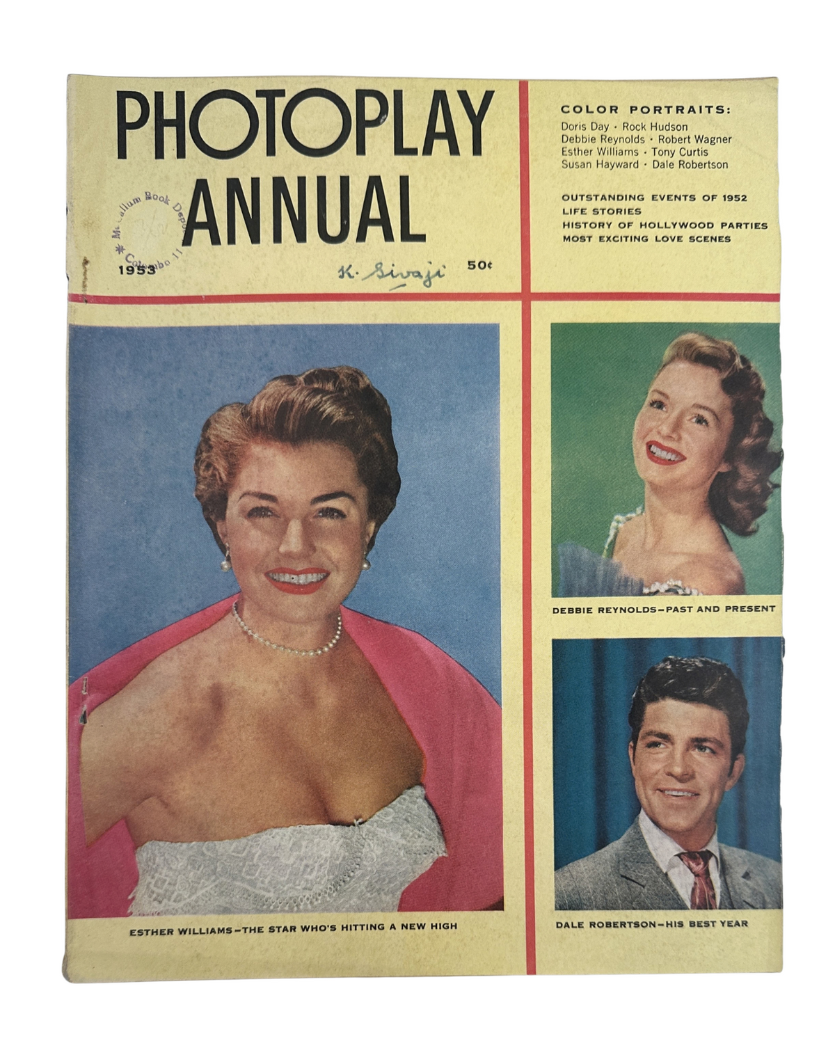 Cover of the 1953 Photoplay Annual magazine featuring Esther Williams, Debbie Reynolds, and Tony Curtis, showcasing vibrant colors and star-studded content.