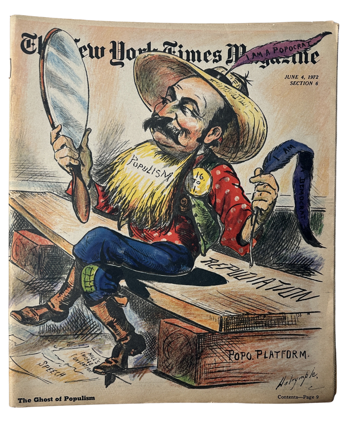 The New York Times Magazine cover from June 4, 1972, featuring a cartoon of a populist figure holding a mirror, depicting themes of populism.