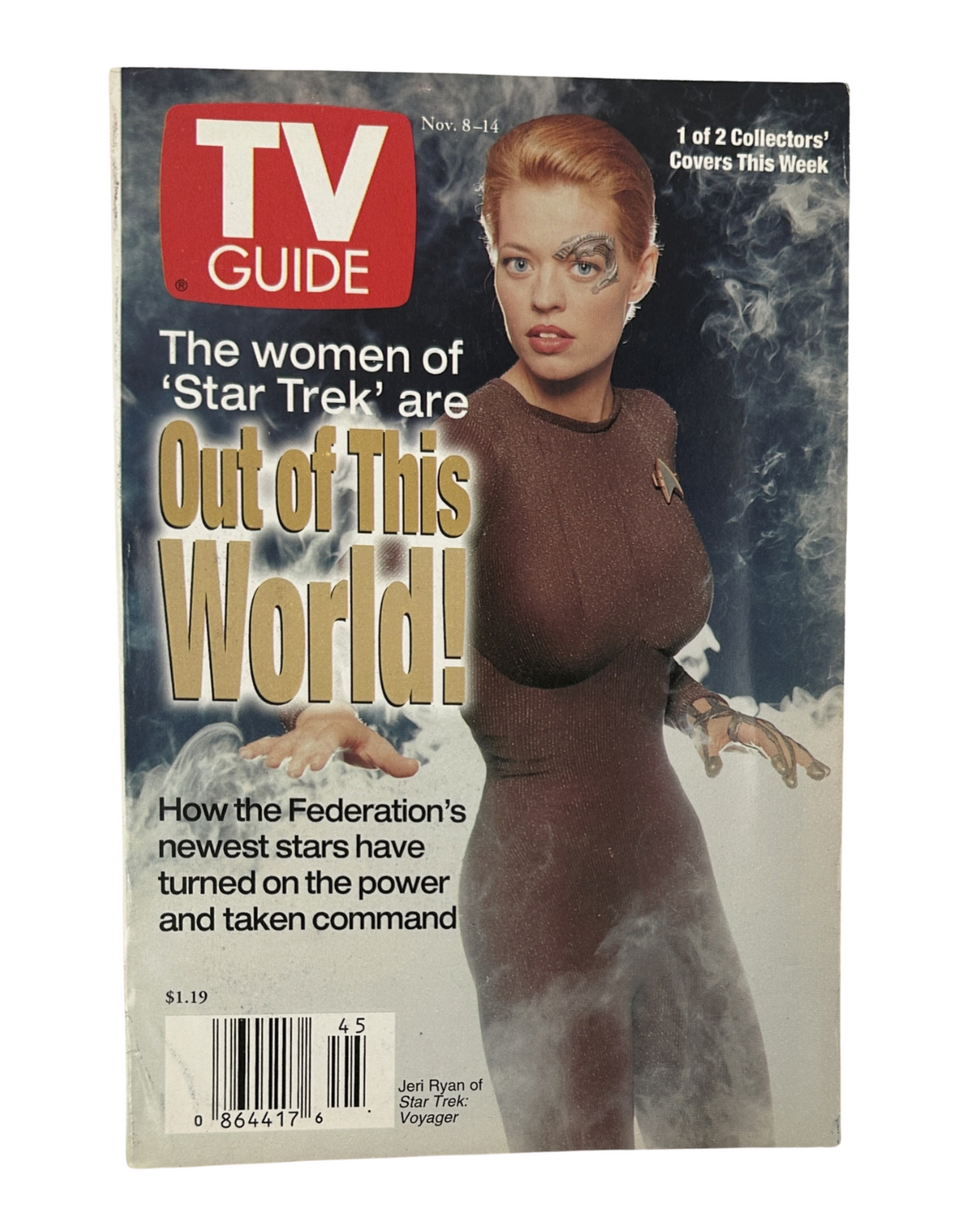 TV Guide Magazine cover from November 8, 1997 featuring Jeri Ryan from Star Trek: Voyager, highlighting the theme 'The women of Star Trek are Out of This World!'. This collectible edition showcases the iconic sci-fi series.
