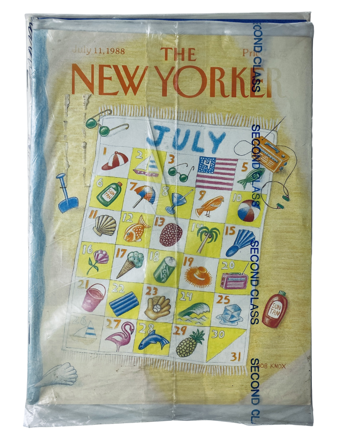SEALED The New Yorker Magazine July 11, 1988 cover featuring a July calendar with summer icons illustrated by Bob Knox, protected in original plastic wrap.