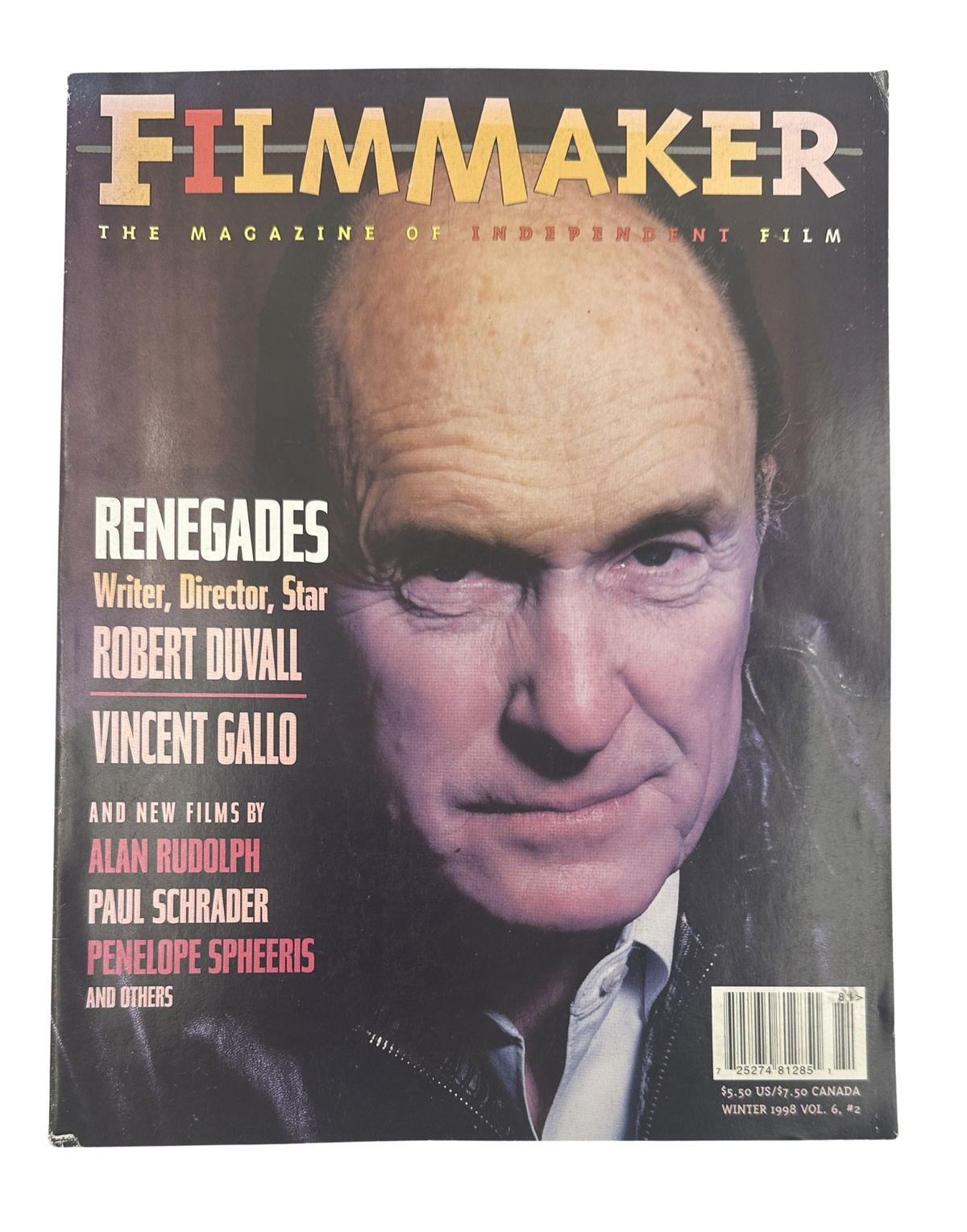Filmmaker Magazine Winter 1998 cover featuring Robert Duvall, Vincent Gallo, and Paul Schrader with the title 'RENEGADES: Writer, Director, Star' prominently displayed.