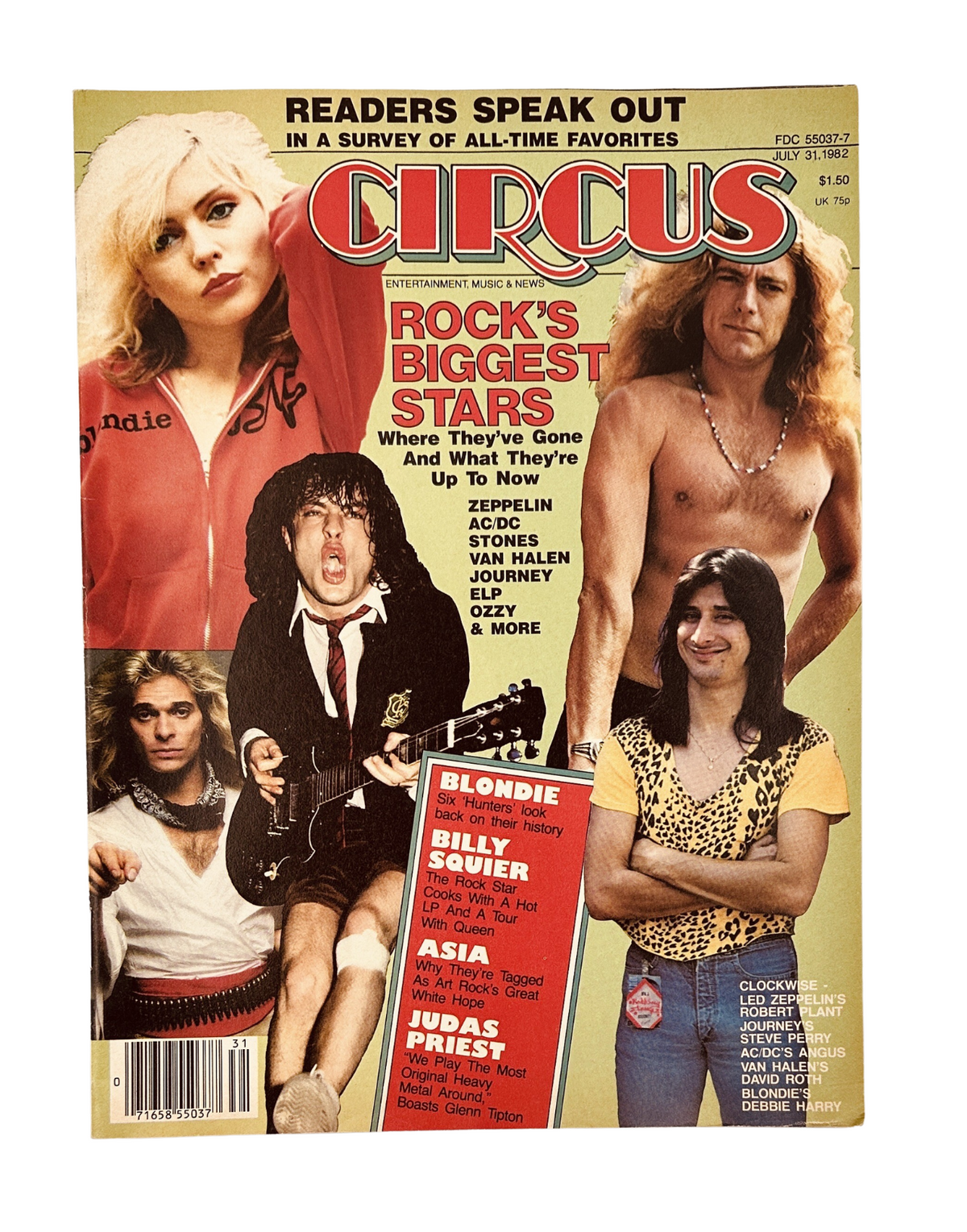 Circus Magazine cover from July 31, 1982 featuring Robert Plant, David Lee Roth, and Debbie Harry, highlighting Rock's biggest stars and their journeys over the decade.