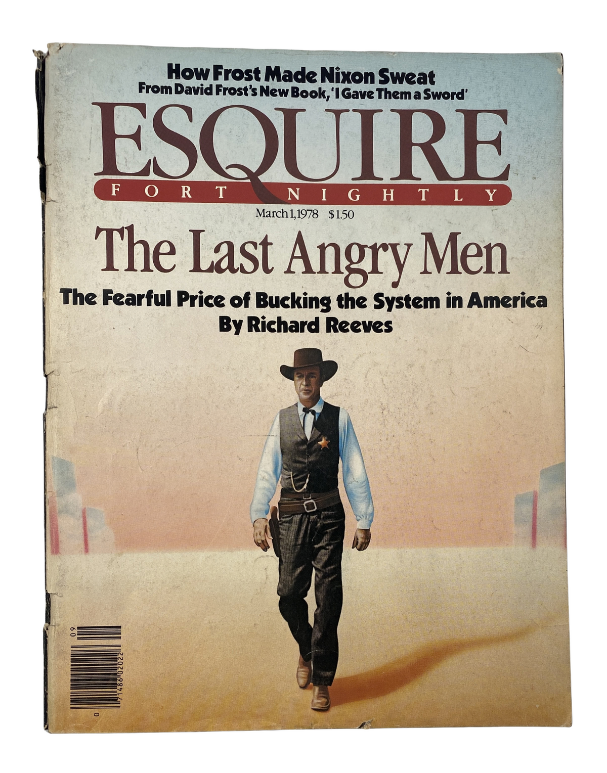 Esquire Fortnightly Magazine March 1, 1978 featuring the article 'The Last Angry Men' by Richard Reeves, with a cover image of a man in a cowboy outfit walking through a dusty landscape, highlighting themes of social justice and defiance against the system.