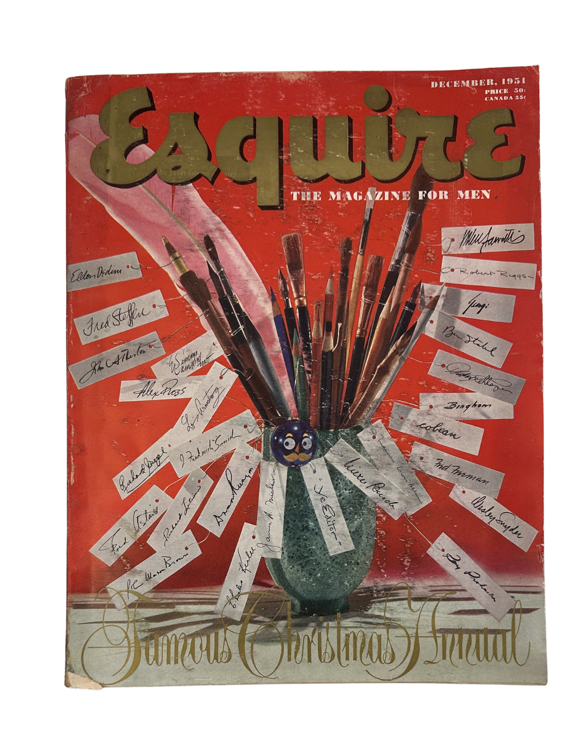 Esquire Magazine December 1951 cover featuring an artistic display of paintbrushes and signed cards, symbolizing Christmas. Original vintage magazine showcasing notable figures like Fitzgerald and Astaire.