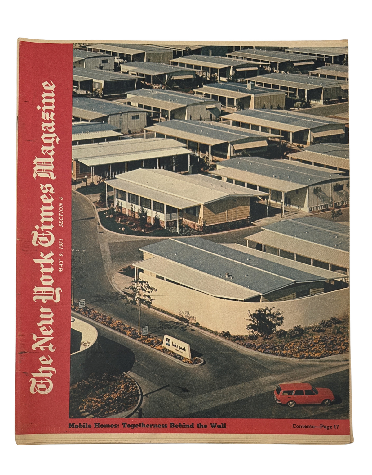 Cover image of The New York Times Magazine from May 9, 1971, featuring an aerial view of a mobile home community with the headline 'Mobile Homes: Togetherness Behind the Wall'.