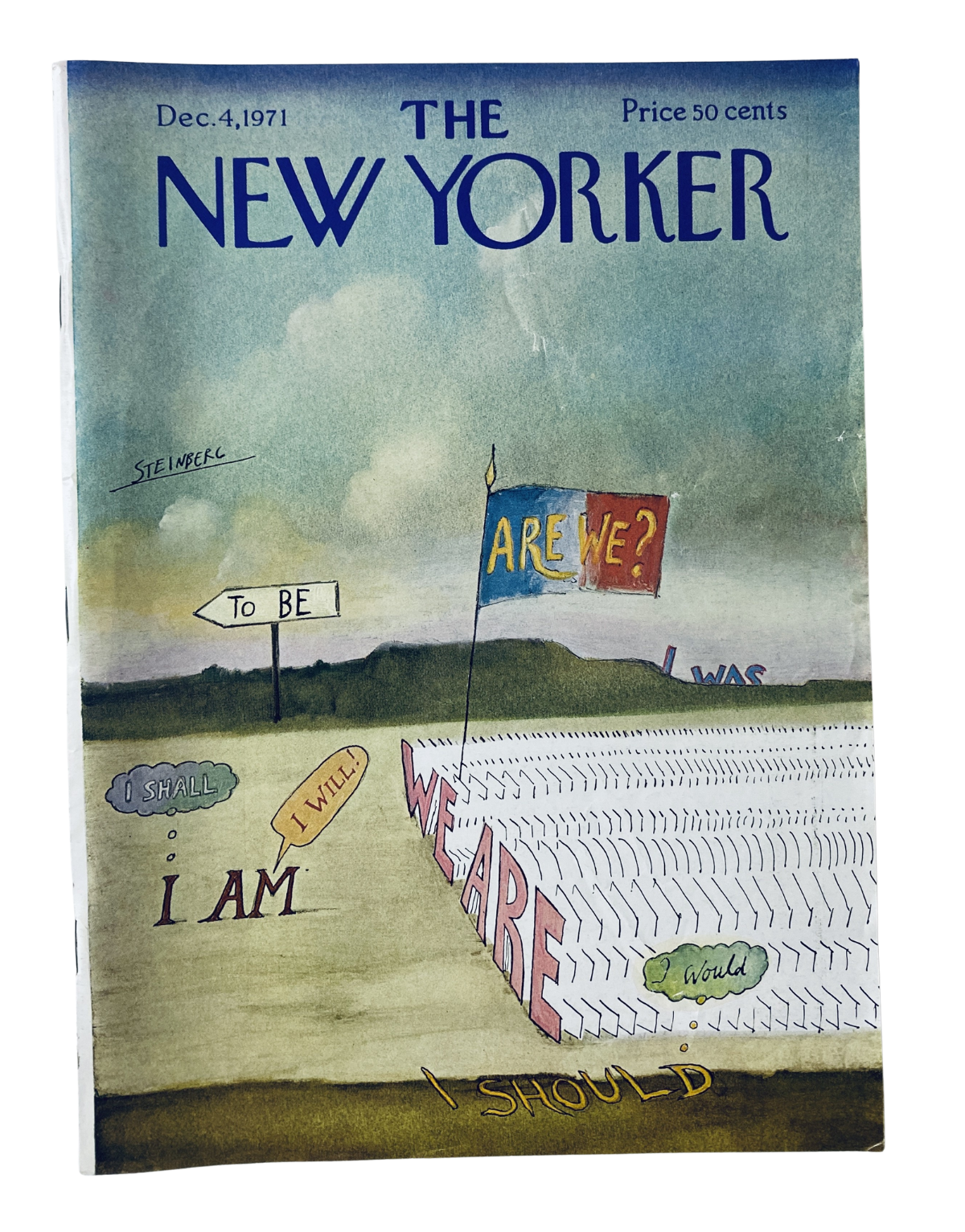 The New Yorker Magazine December 4, 1971 cover art by Saul Steinberg featuring a whimsical landscape with text reflecting on identity and existence.