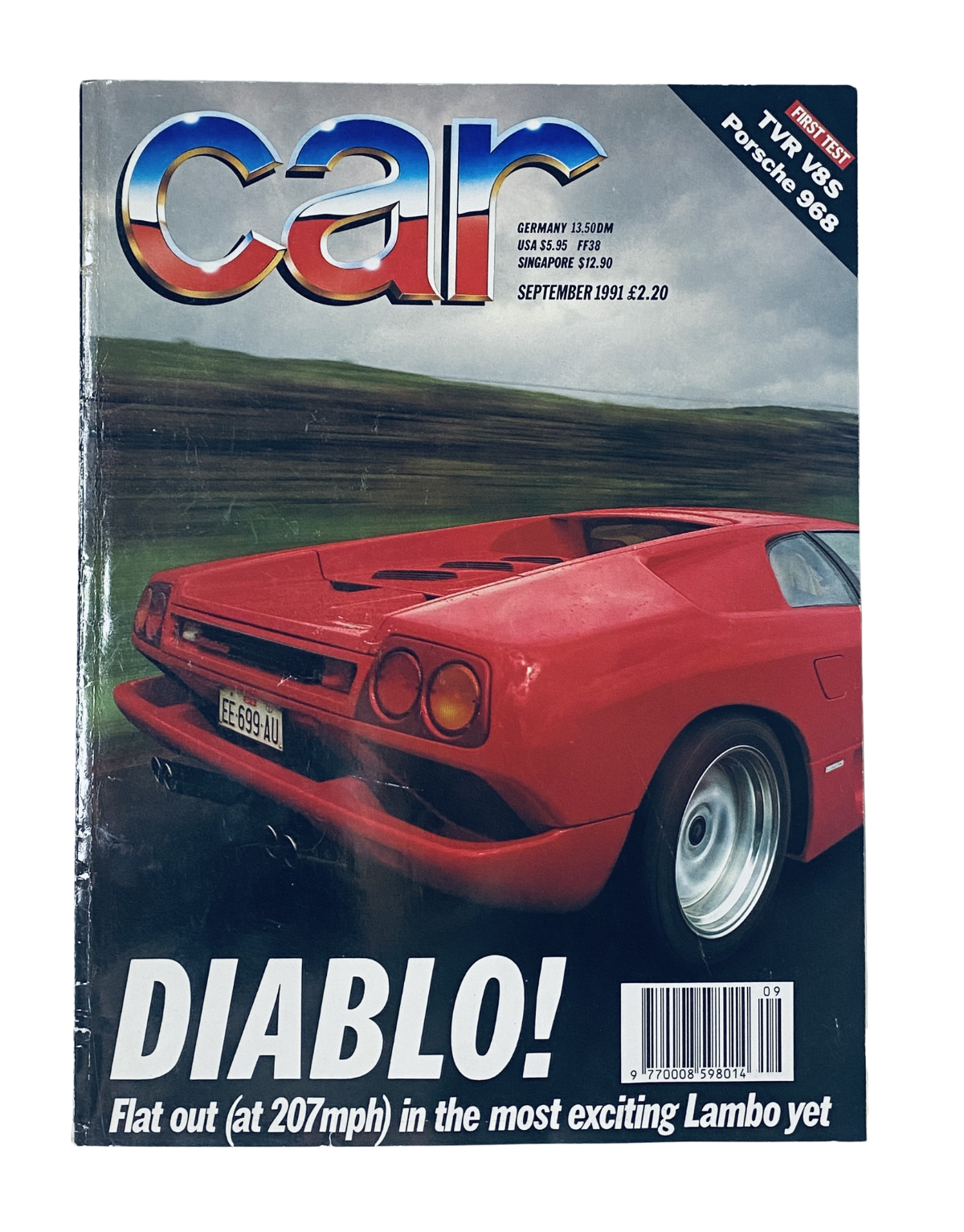 Cover of CAR Magazine September 1991 featuring the Lamborghini Diablo, showcasing the tagline 'DIABLO! Flat out (at 207mph) in the most exciting Lambo yet', highlighting the magazine's focus on high-performance cars.