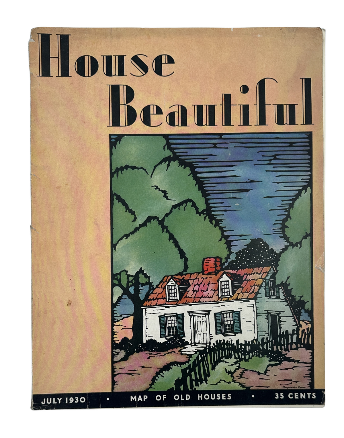 Cover of House Beautiful Magazine July 1930 featuring a colorful illustration of a house and landscape, highlighting the theme 'Map of Old Houses.'