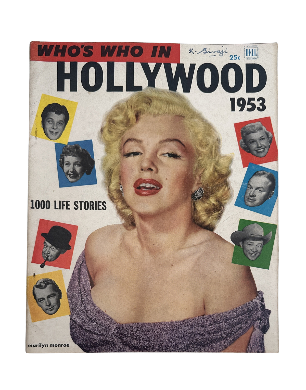 Cover of Who's Who in Hollywood Magazine 1953 featuring Marilyn Monroe, showcasing the title and vibrant portraits of famous stars from the era.