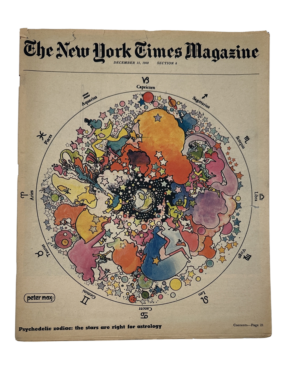 The New York Times Magazine December 15, 1968 cover featuring psychedelic zodiac artwork by Peter Max, showcasing astrological signs and colorful, imaginative designs.