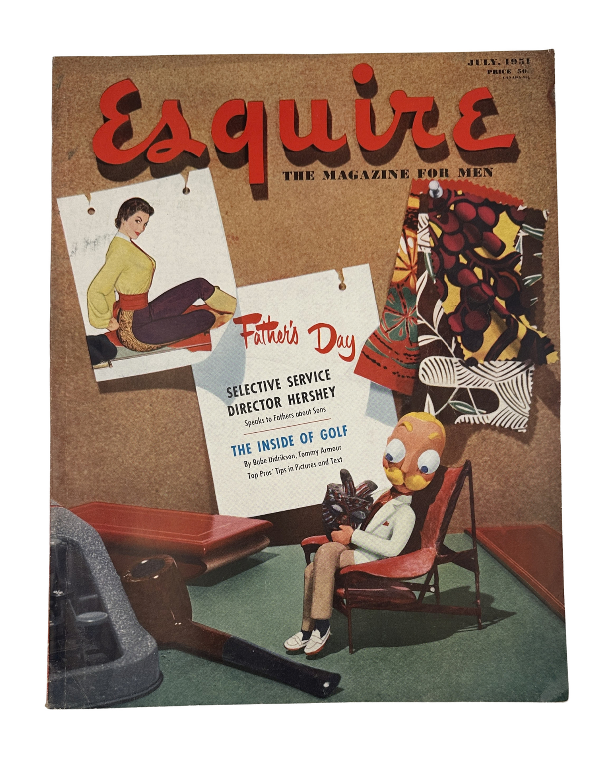 Cover of Esquire Magazine July 1951 featuring a colorful illustration and advertisements, celebrating Father's Day and highlighting 'The Inside of Golf'.