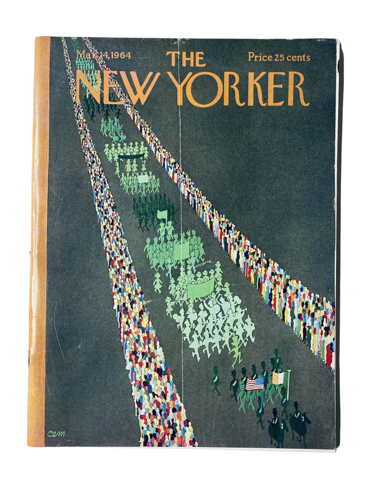 The New Yorker Magazine March 14, 1964 cover featuring a vibrant political illustration by C. Martin depicting a large parade of diverse people marching, against a dark background.