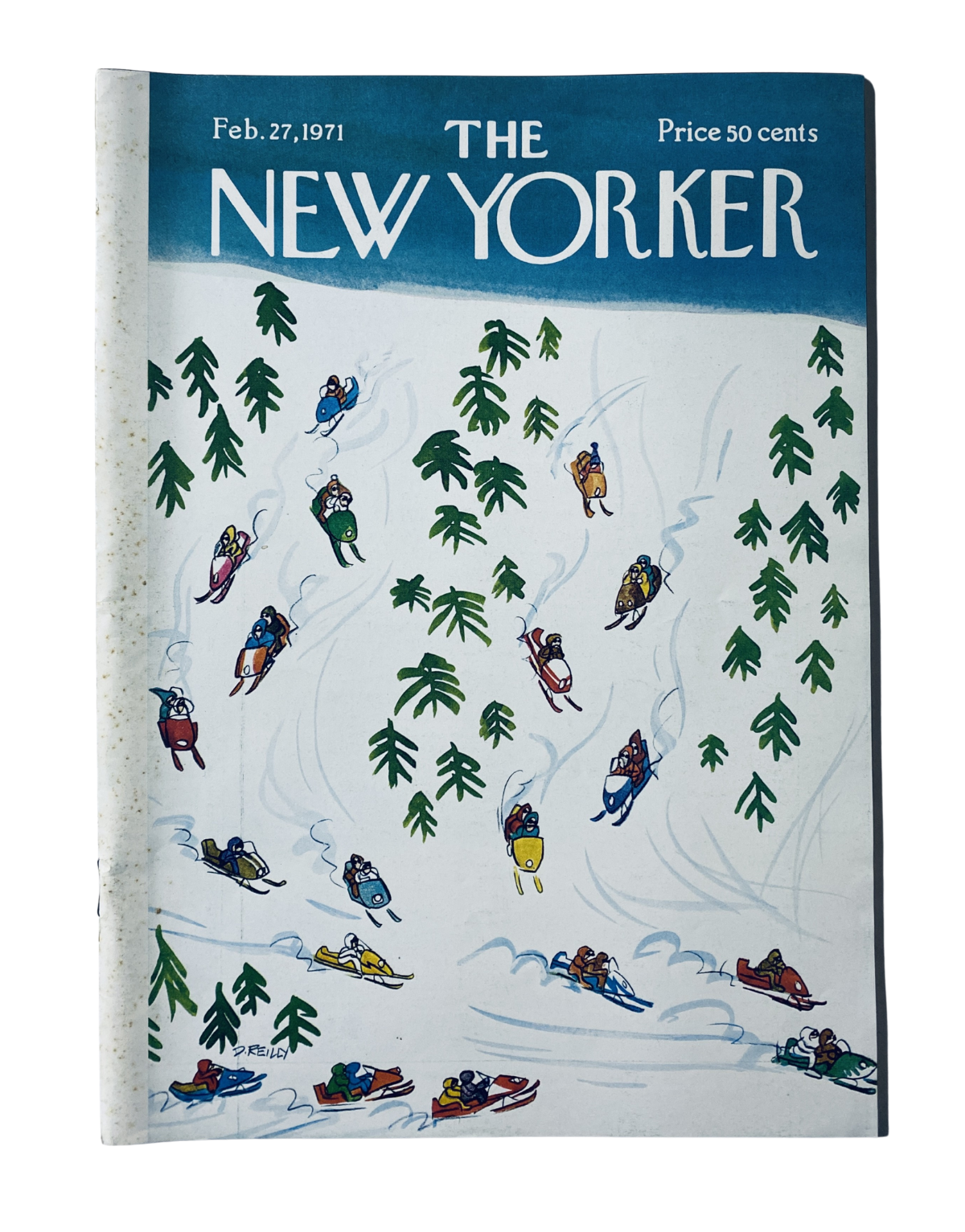 Cover of The New Yorker Magazine dated February 27, 1971, featuring a whimsical winter sledding scene, painted by Donald Reilly. The design illustrates colorful sledders navigating snowy slopes amidst evergreen trees.