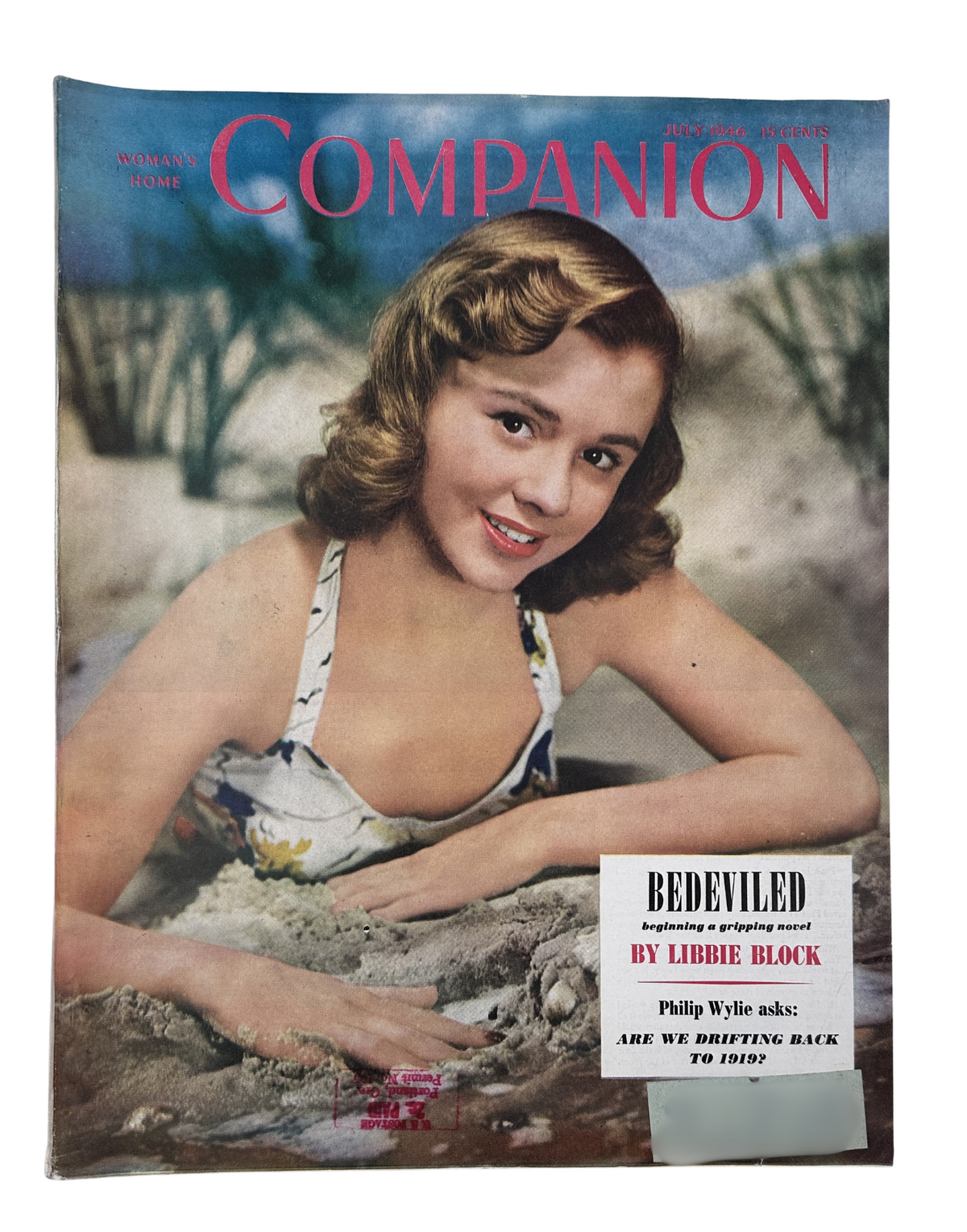 Cover of Woman's Home Companion Magazine July 1946 featuring the article 'Bedeviled' by Libbie Block, showcasing a woman in a floral bathing suit against a beach backdrop.