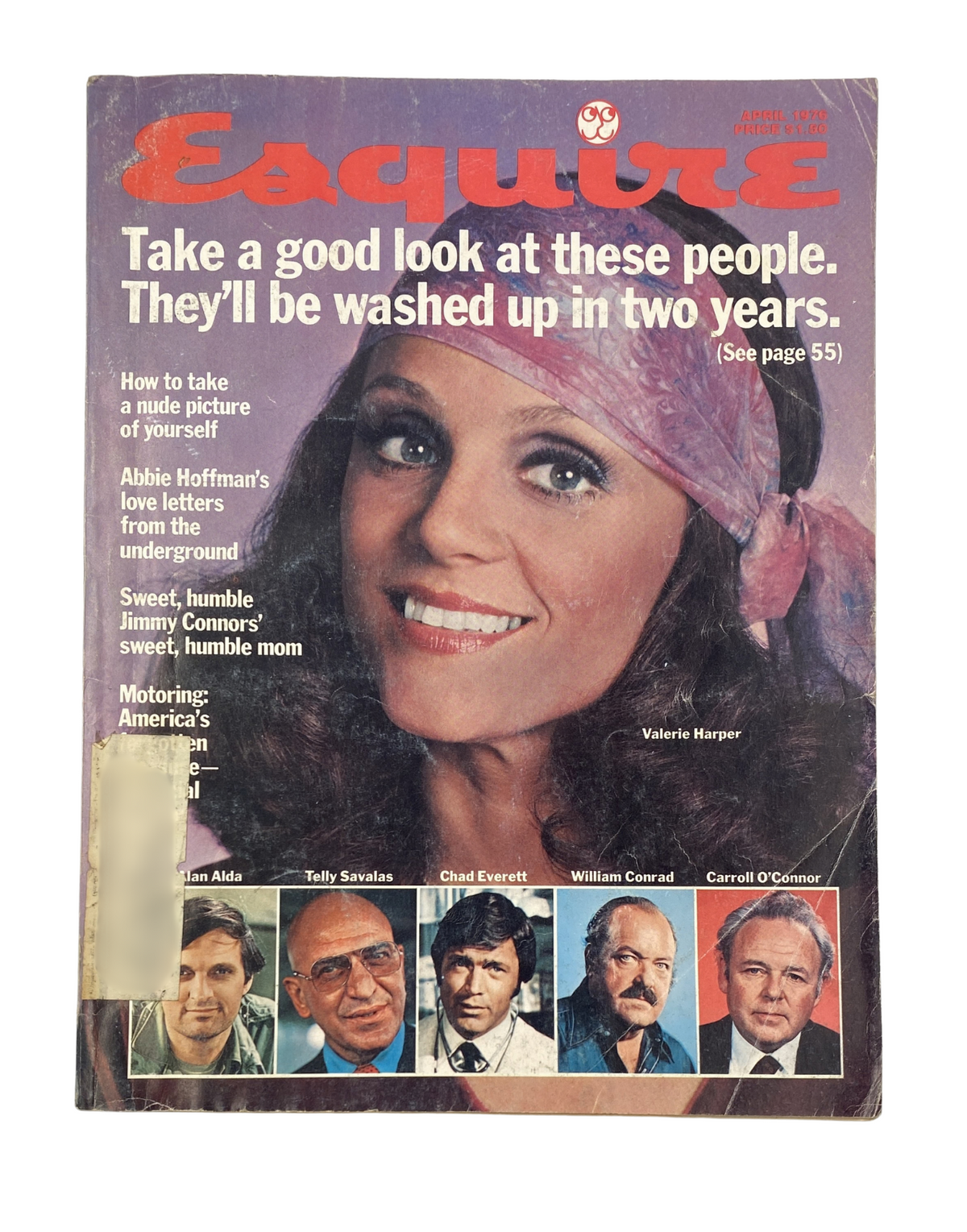 Esquire Magazine April 1976 cover featuring Valerie Harper, showcasing a vibrant look and the title 'Take a good look at these people. They'll be washed up in two years.' Highlights include features on Jimmy Connors and Abbie Hoffman.