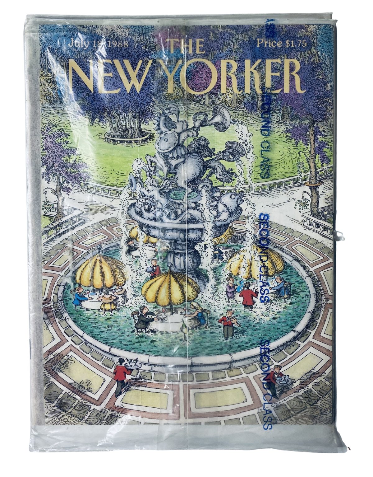 SEALED The New Yorker Magazine July 18, 1988 featuring a colorful Fountain Garden summer scene cover, protected in original factory seal, perfect for archival collectors.