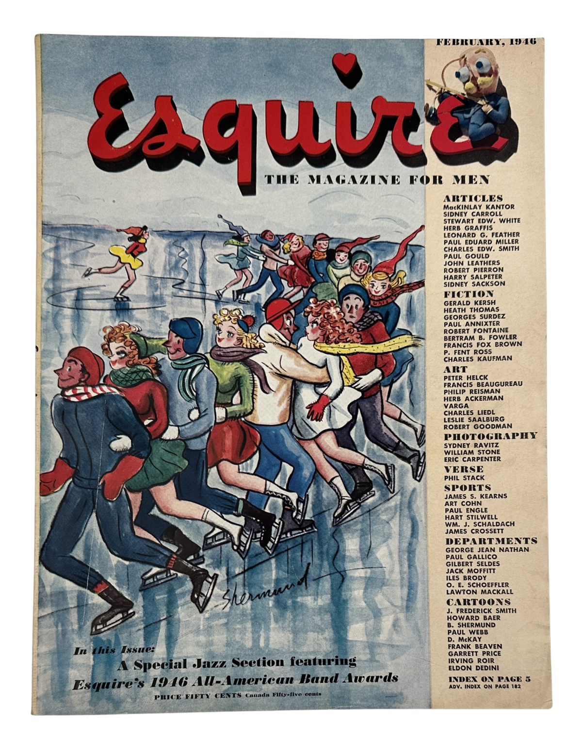 Esquire Magazine February 1946 cover featuring a colorful illustration of people ice skating, with bold text announcing articles and content including a special jazz section.