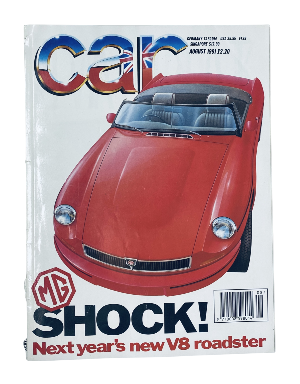 Car Magazine August 1991 cover featuring the MG V8 Roadster with bold text highlighting 'SHOCK! Next year's new V8 roadster'. The magazine cover illustrates the sporty design of the vehicle, appealing to classic car enthusiasts and collectors.
