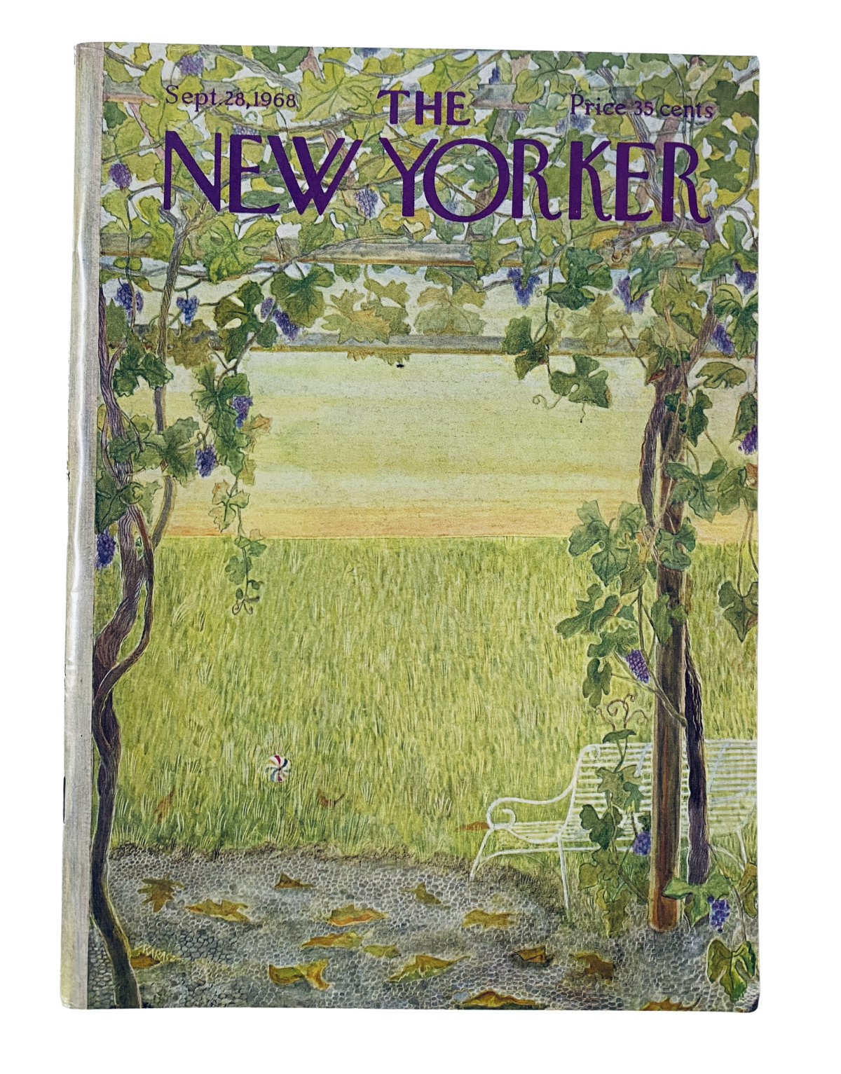 The New Yorker Magazine September 28, 1968, featuring an artistic cover illustration of a vineyard scene with a bench, designed by Ilonka Karasz. Original magazine in very good condition.