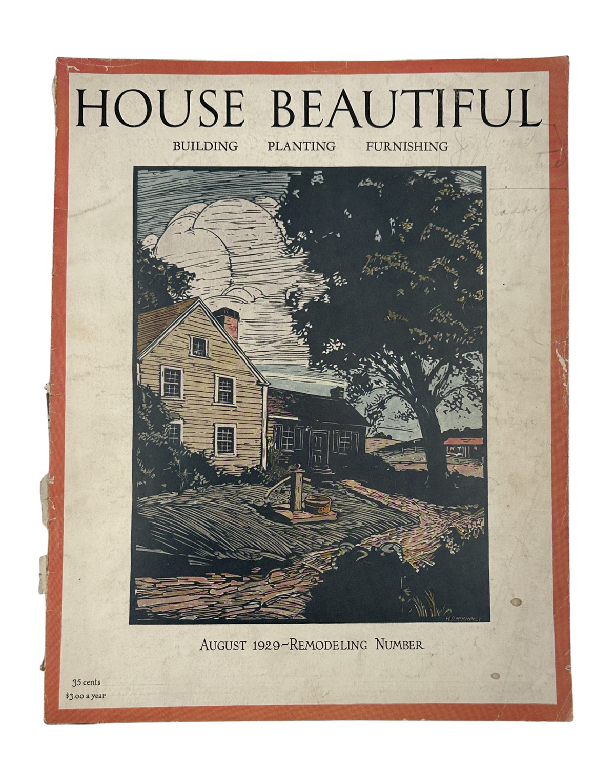 House Beautiful Magazine August 1929 Remodeling Homes cover featuring a scenic illustration of a house and landscape, highlighting architecture and design details.