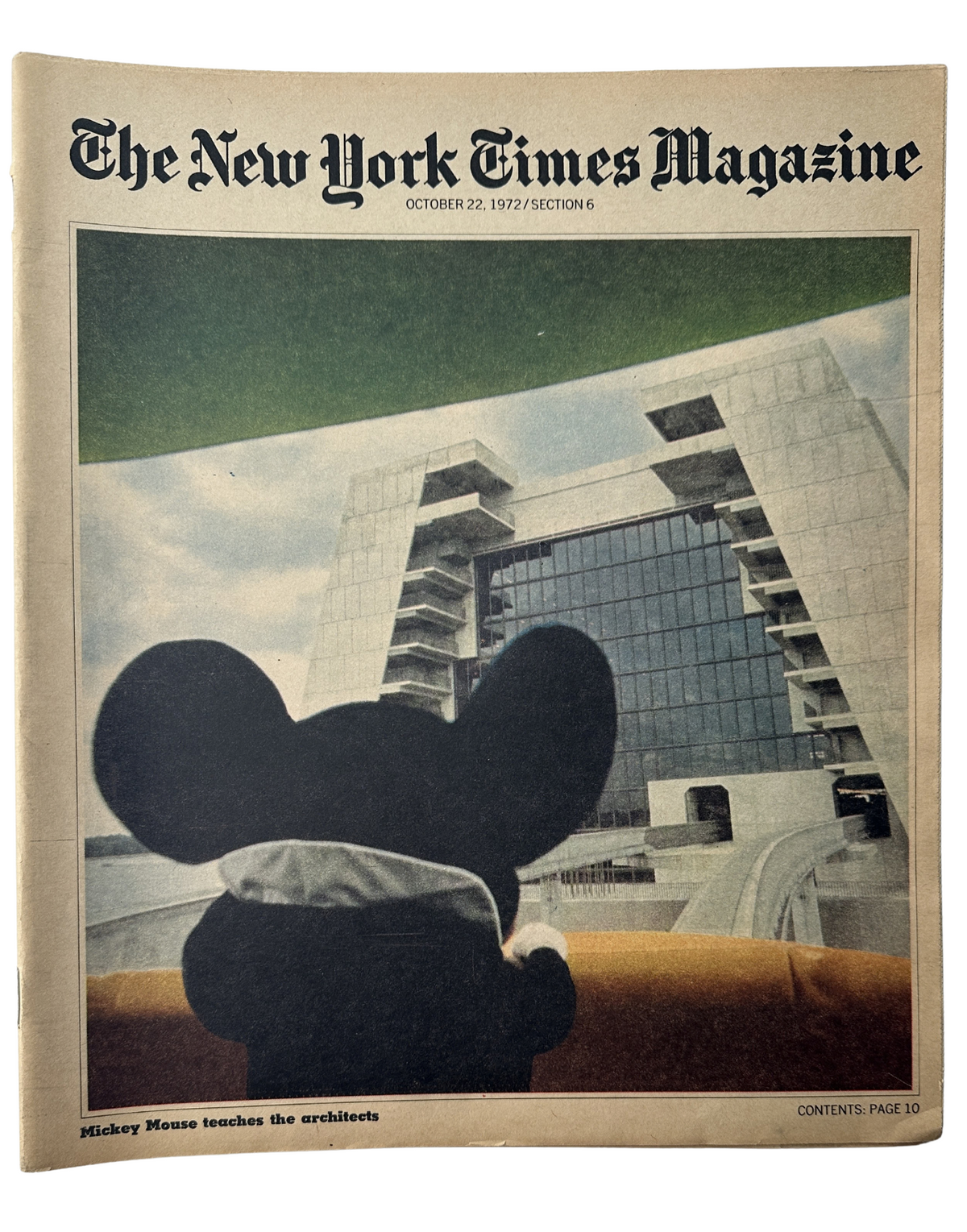The New York Times Magazine cover from October 22, 1972, featuring an image of Mickey Mouse looking at Disney World’s Contemporary Resort-Hotel, with a headline about architects.