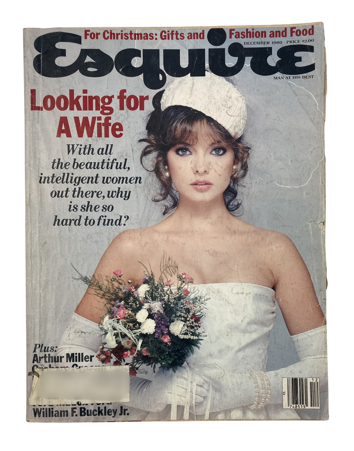 Esquire Magazine December 1980 Cover featuring the article 'Looking for a Wife' with a woman in a wedding dress holding a bouquet of flowers.