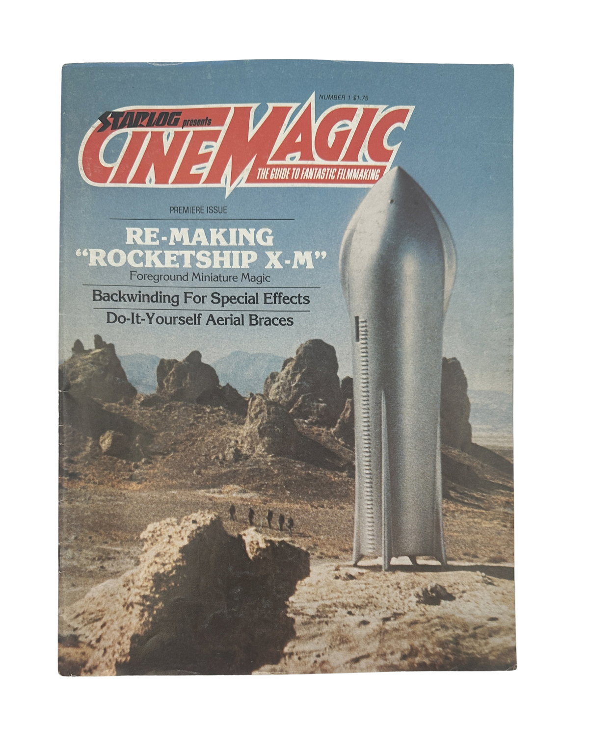 Cinemagic Magazine No. 1 featuring the title 'Re-Making Rocketship X-M'. The cover showcases a dramatic landscape with a large rocket, highlighting special effects techniques, including backwinding for filmmakers. Item condition is very good, showing only light edge wear, as noted in the product description.