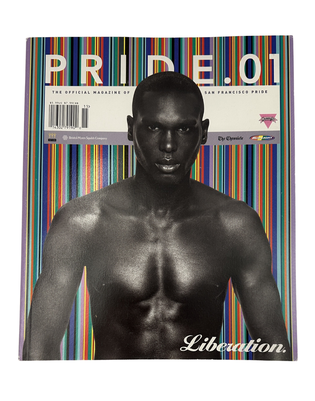 Cover of Pride Magazine 2001 featuring the San Francisco Pride LGBTQ Liberation feature, showcasing a striking photograph of a male model with a powerful pose, emphasizing themes of empowerment and liberation in the LGBTQ community.