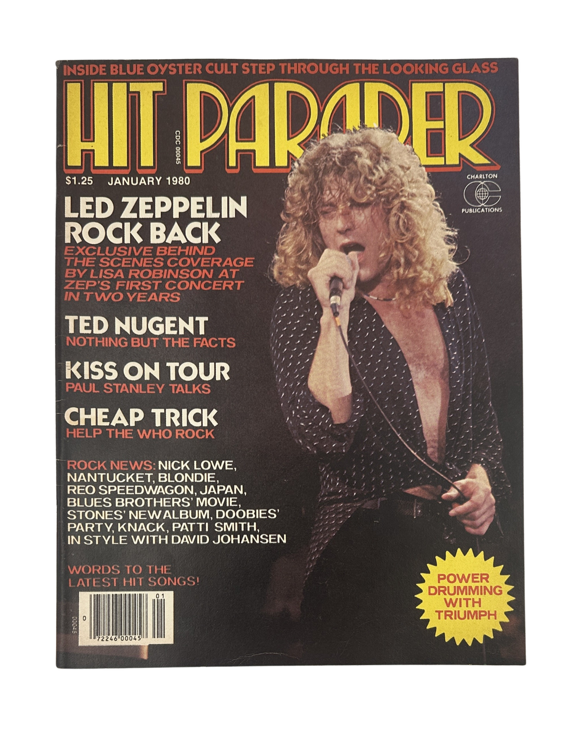 Hit Parader Magazine January 1980 featuring Led Zeppelin on the cover, highlighting exclusive content on Robert Plant, KISS, Ted Nugent, and more. The magazine is in very good condition with original centerfold, perfect for collectors of classic rock memorabilia.