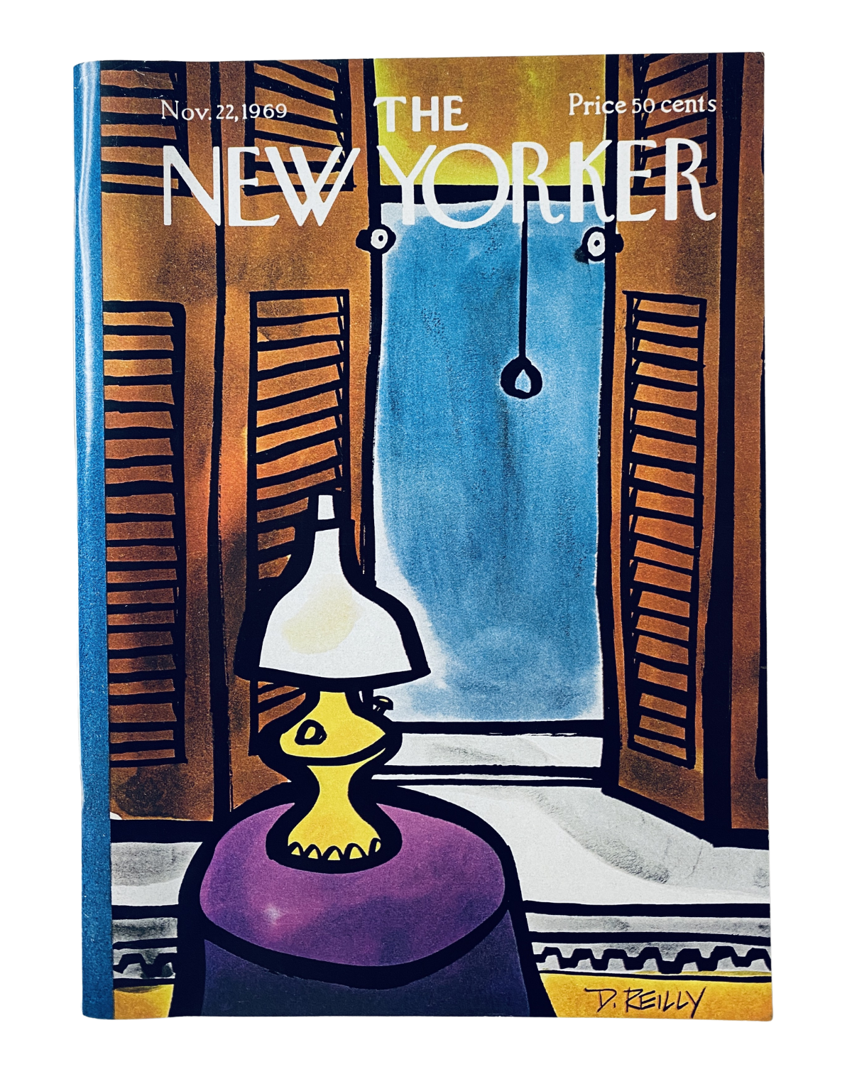 The New Yorker Magazine cover from November 22, 1969, featuring a vibrant illustration by Donald Reilly of an interior scene with a lamp and a stylized window.
