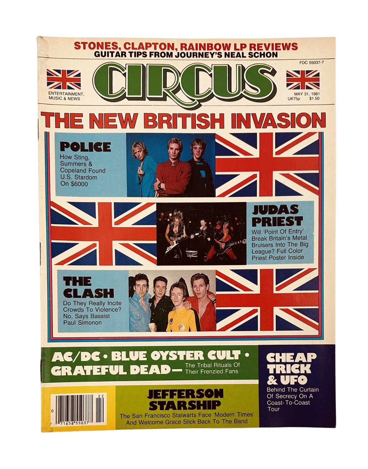 Cover of Circus Magazine from May 31, 1981 featuring the title 'Circus Magazine May 31, 1981 Police The Clash Judas Priest British Invasion' with British flags representing the music theme.
