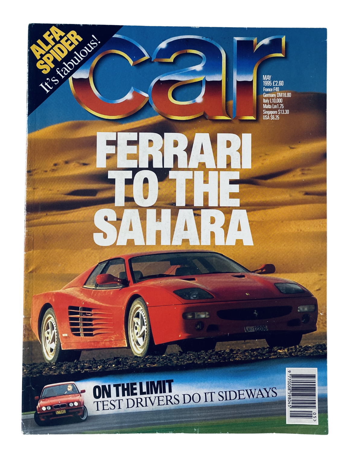 Cover of CAR Magazine May 1995 featuring the Ferrari F512M driving through the Sahara, highlighting its adventurous spirit.