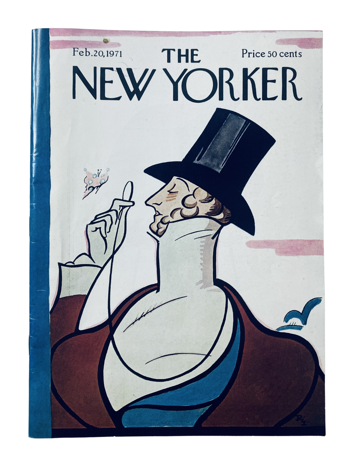 Cover of The New Yorker Magazine February 20, 1971 featuring a whimsical illustration of a fashionable man in a top hat, designed by Rea Irvin.