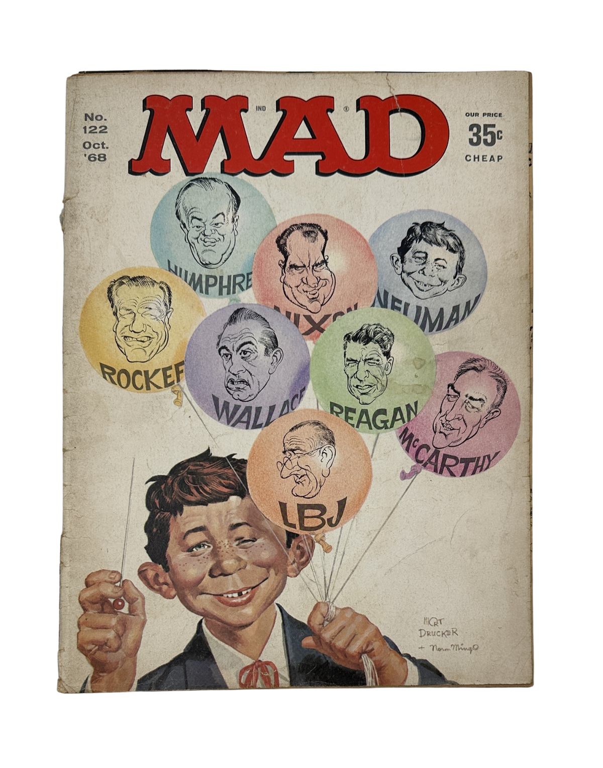 Cover of MAD Magazine No. 122 from October 1968 featuring caricatures of famous figures including LBJ, Nixon, and others, styled with colorful balloons. This issue focuses on movie monsters and is graded Very Good (VG 4.0).