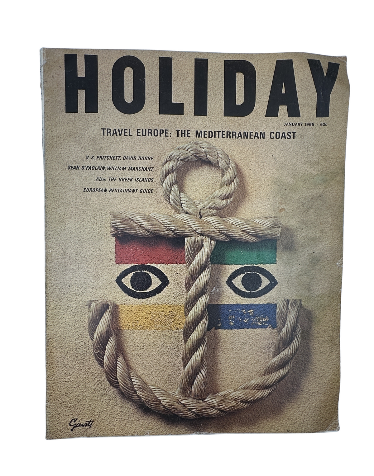 Holiday Magazine January 1966 featuring a cover design by George Giusti, showcasing a nautical theme with an anchor and colorful stripes, representing the Mediterranean Coast of Europe.
