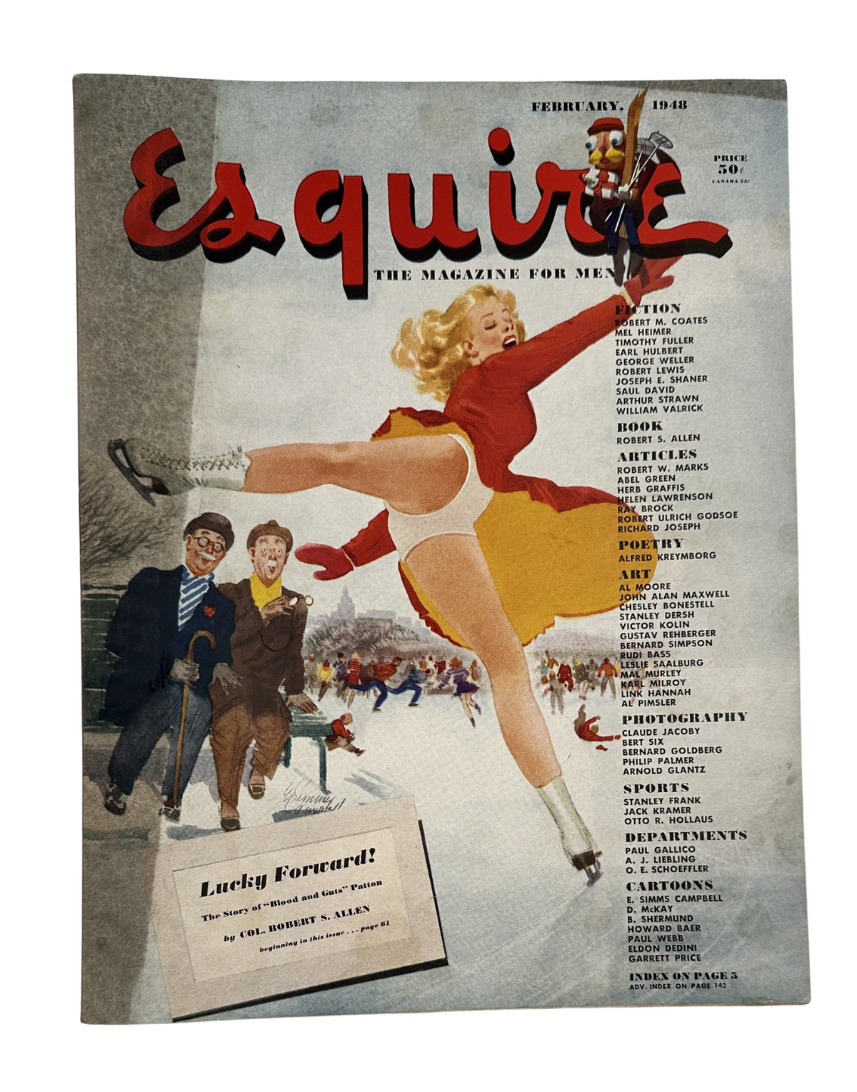 Esquire Magazine February 1948 cover featuring a vibrant illustration of a skater, highlighting the 'Patton Story' article and including the phrase 'Lucky Forward!'