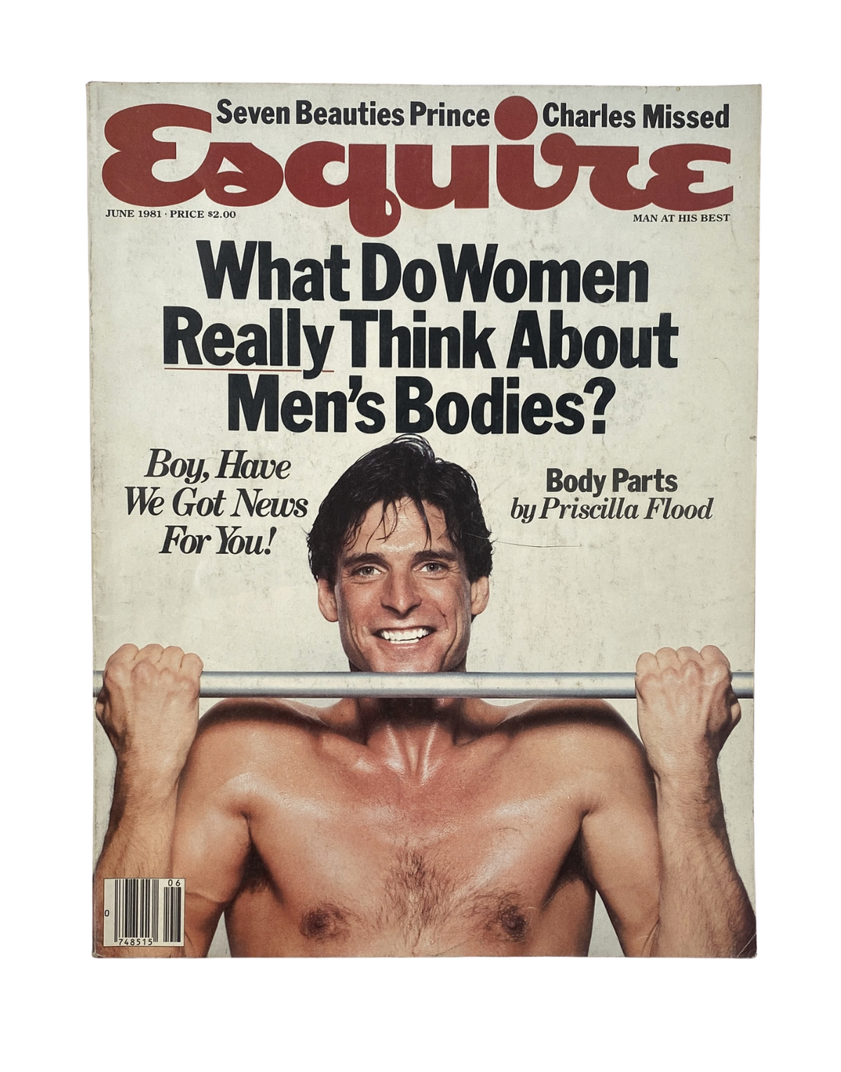 Cover of Esquire Magazine June 1981 featuring the title 'What Do Women Really Think About Men's Bodies?' with a shirtless male model holding a weight. Includes the feature 'Body Parts' by Priscilla Flood.