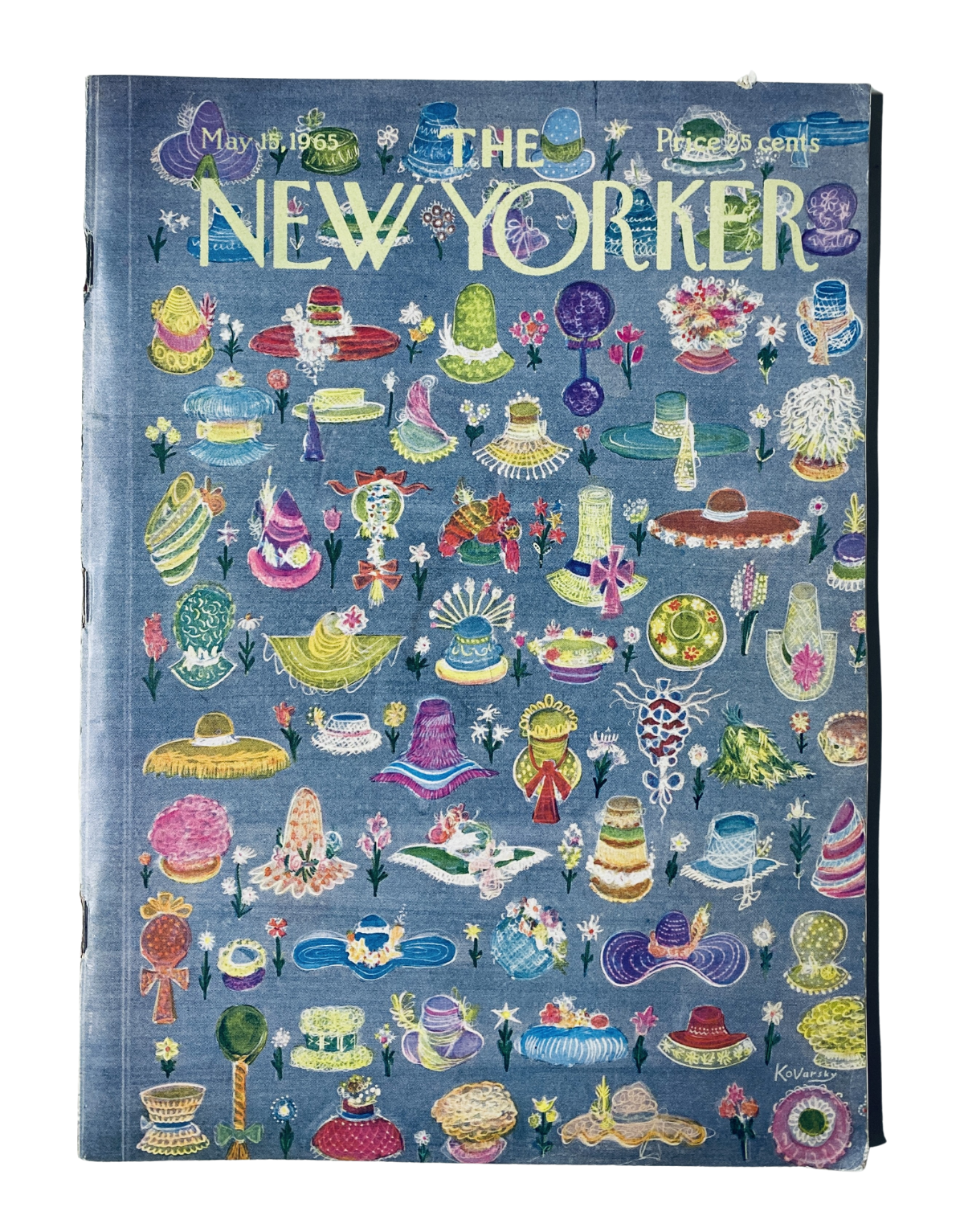 The New Yorker Magazine May 15, 1965 Women’s Hats Fashion Cover by Anatol Kovarsky featuring a colorful illustration of various hats and floral designs.