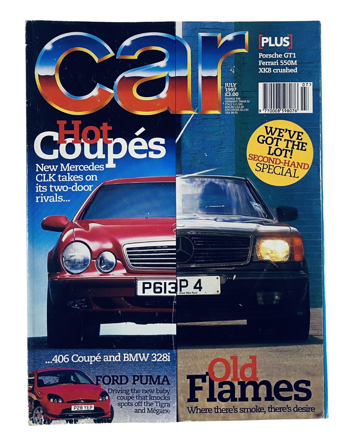 Cover of Car Magazine July 1997 featuring hot coupés including the new Mercedes CLK, BMW 328i, and a spotlight on the Ferrari 550M.
