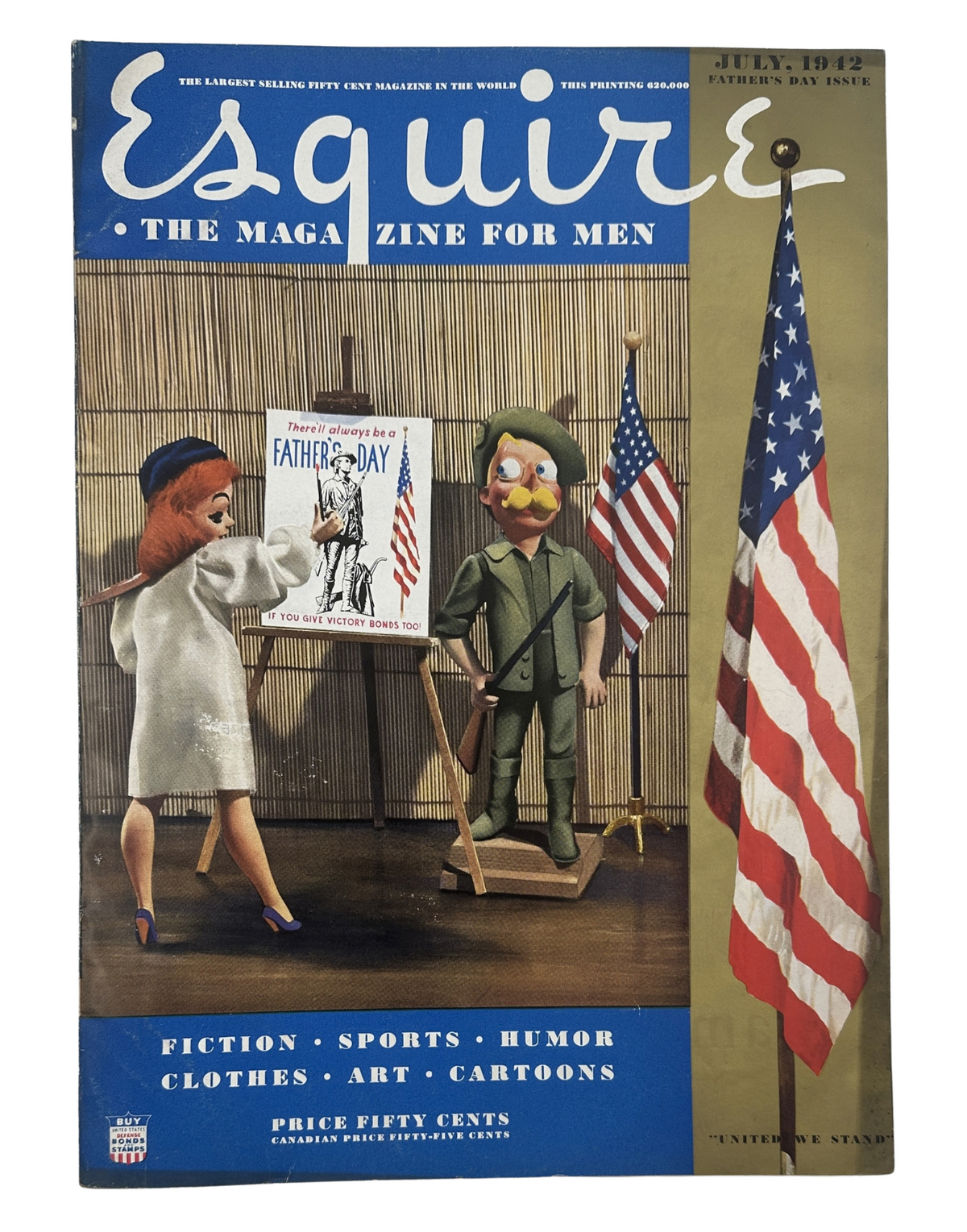 Esquire Magazine July 1942 cover featuring Varga Veda Ann Borg with a US flag theme and pinup art, showcasing a playful and patriotic design.