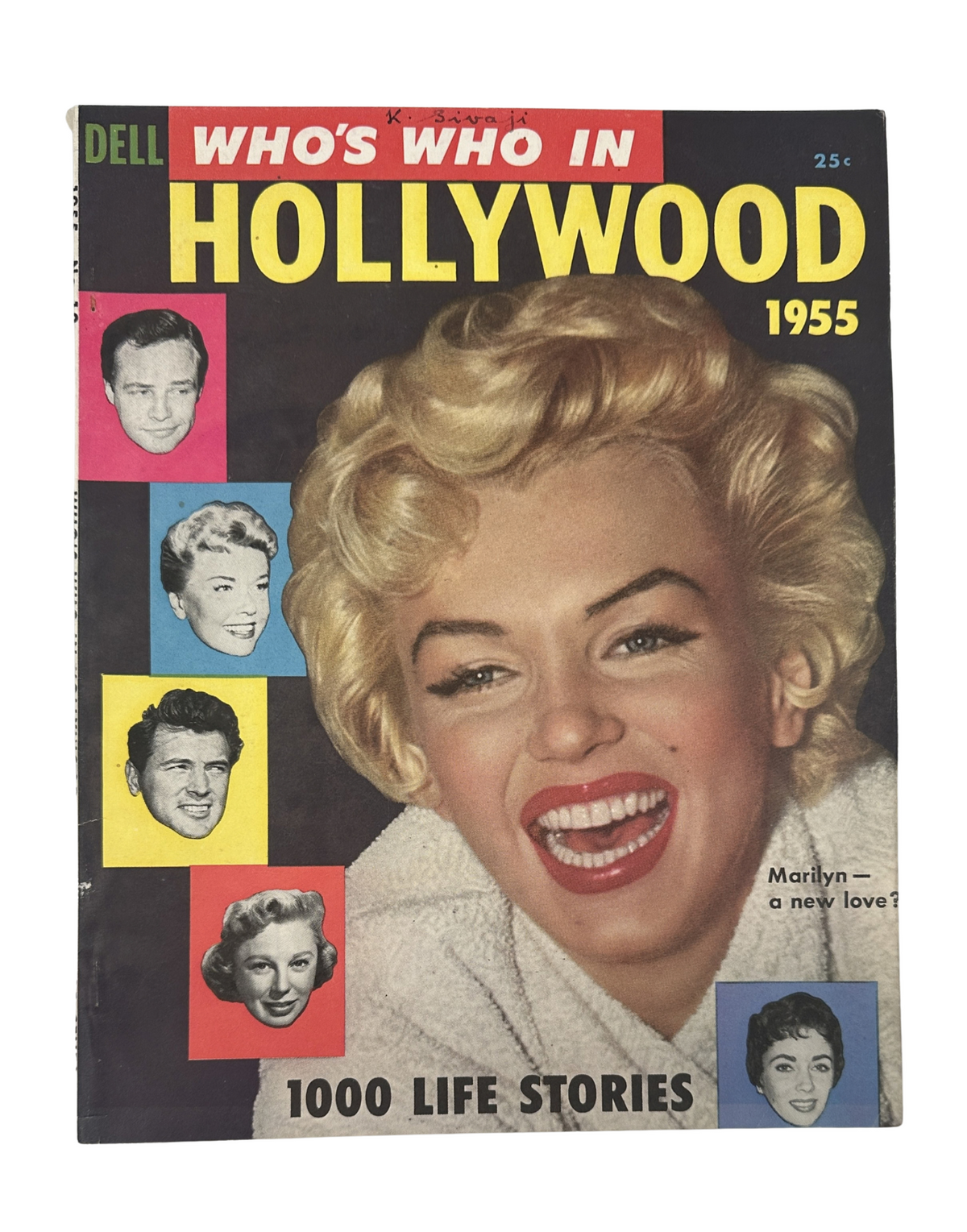 Cover of Who’s Who in Hollywood Magazine 1955 featuring Marilyn Monroe. The magazine highlights various Hollywood stars with colorful photo cutouts including Doris Day and other notable figures of the time.