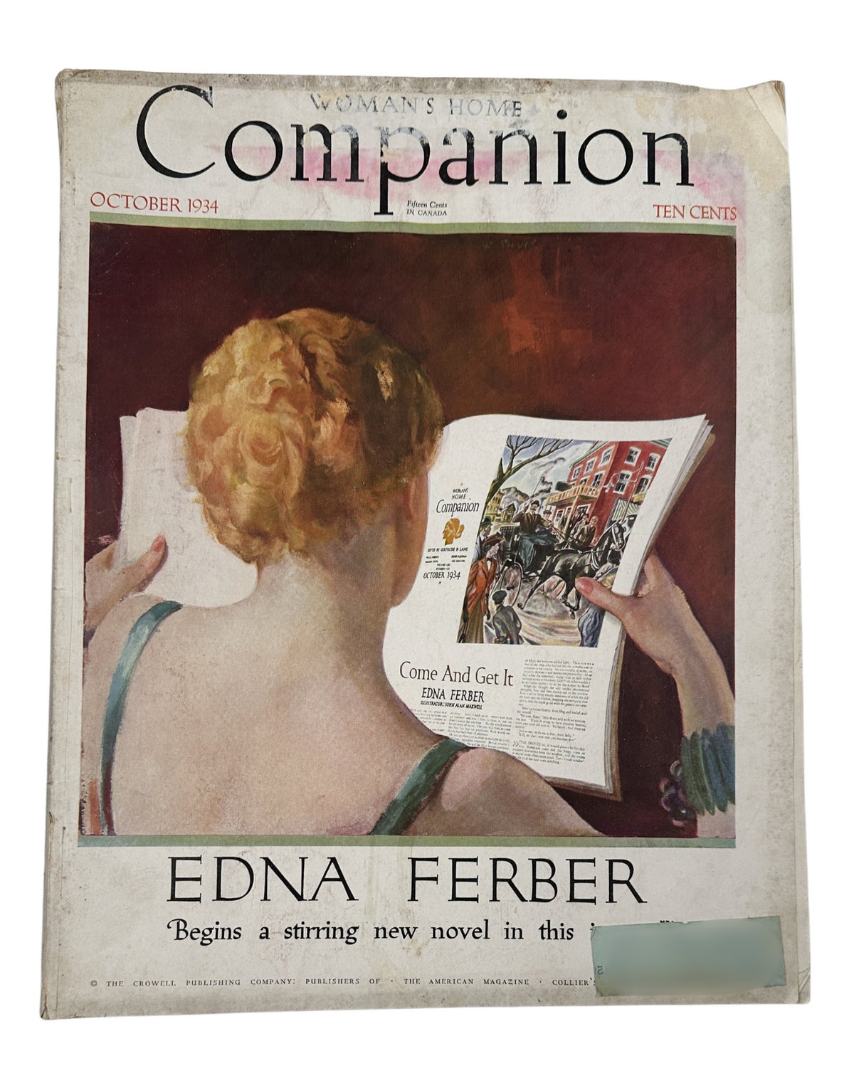 Cover of Woman’s Home Companion Magazine October 1934 featuring Edna Ferber's novel, depicting a woman reading with a vibrant illustration.